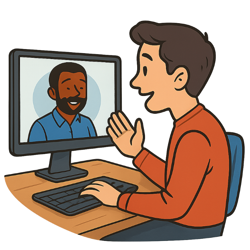 A man is sitting at a desk talking to another man on a computer screen.