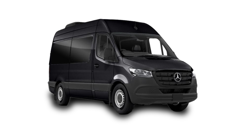 A black mercedes sprinter van is shown on a white background.