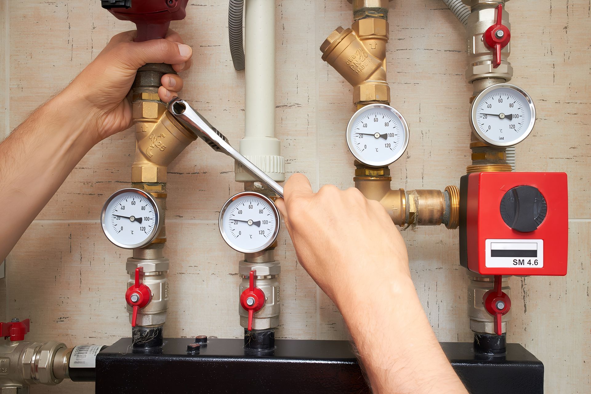 A Person Is Working On A Heating System With A Wrench — JSB Plumbing & Gas In South Grafton, NSW