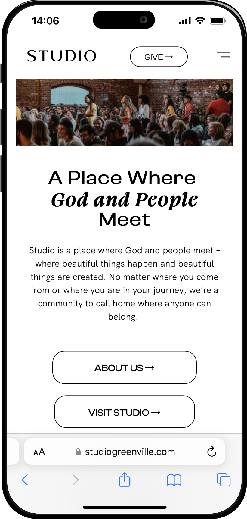 Studio Church's website homepage displayed on mobile