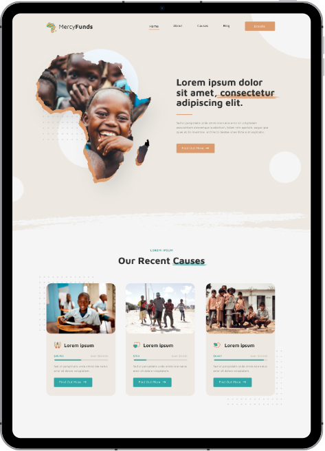 Mercy Funds website template displayed on tablet