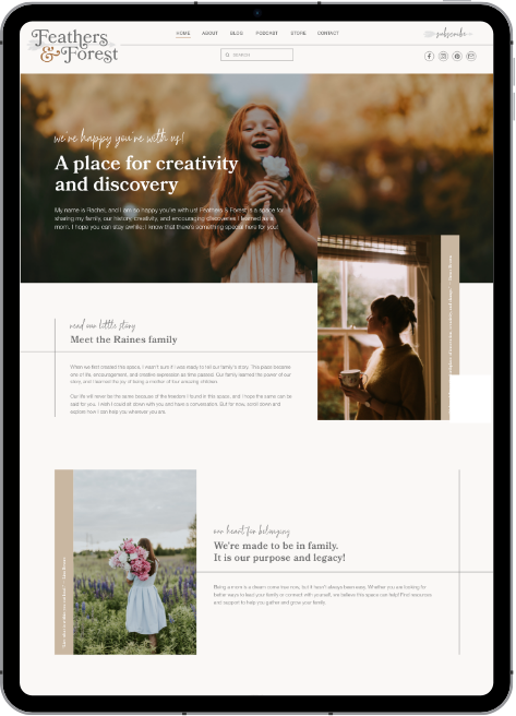 Feathers & Forest website template displayed on tablet