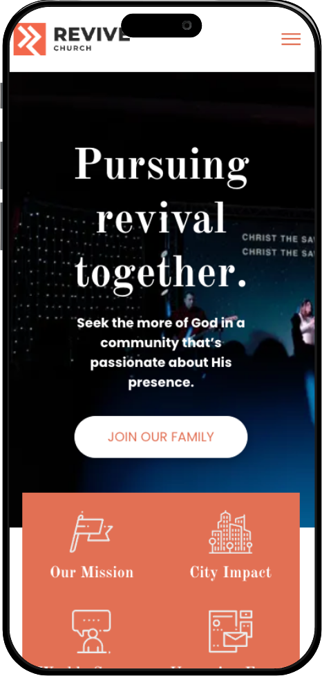 Revive Church website template displayed on mobile