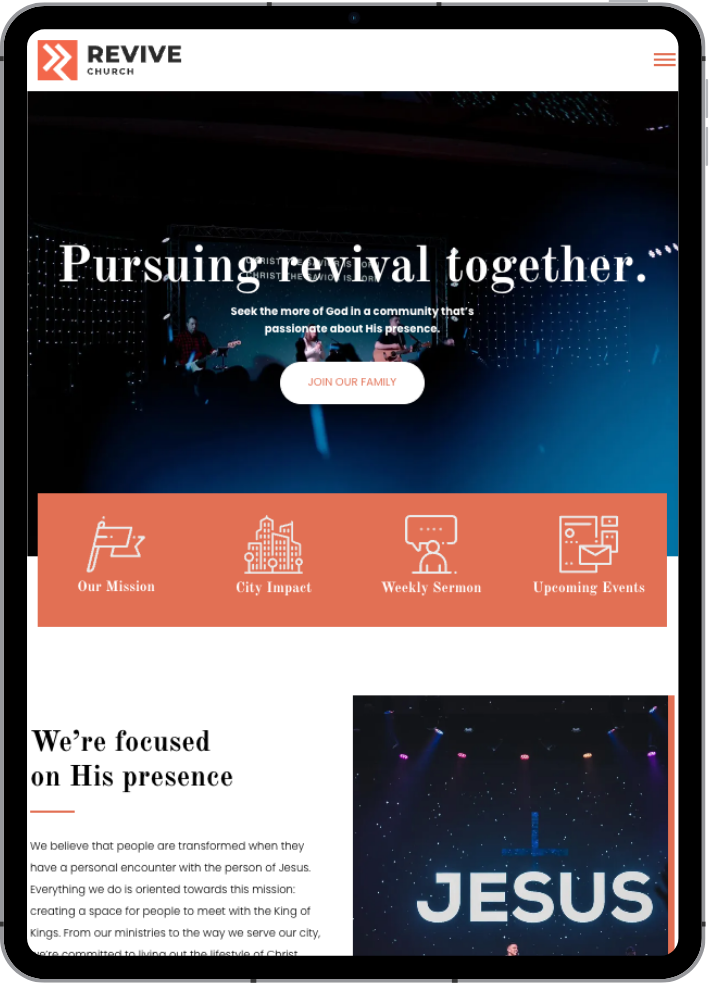 Revive Church website template displayed on tablet