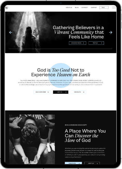 Warehouse Church website template displayed on tablet