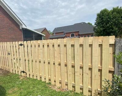 A wooden fence surrounds a row of houses in a residential area.