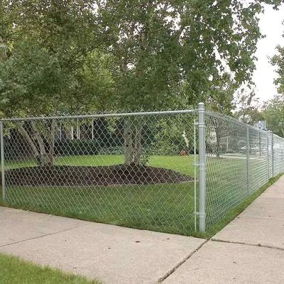A chain link fence in a backyard with a wooden fence behind it.