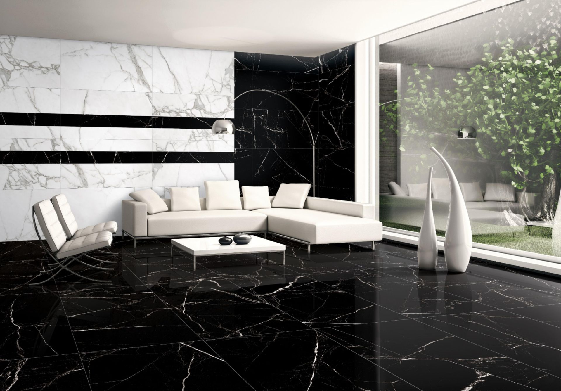 Un soggiorno con divano, sedia, tavolino e piastrelle bianche e nere.