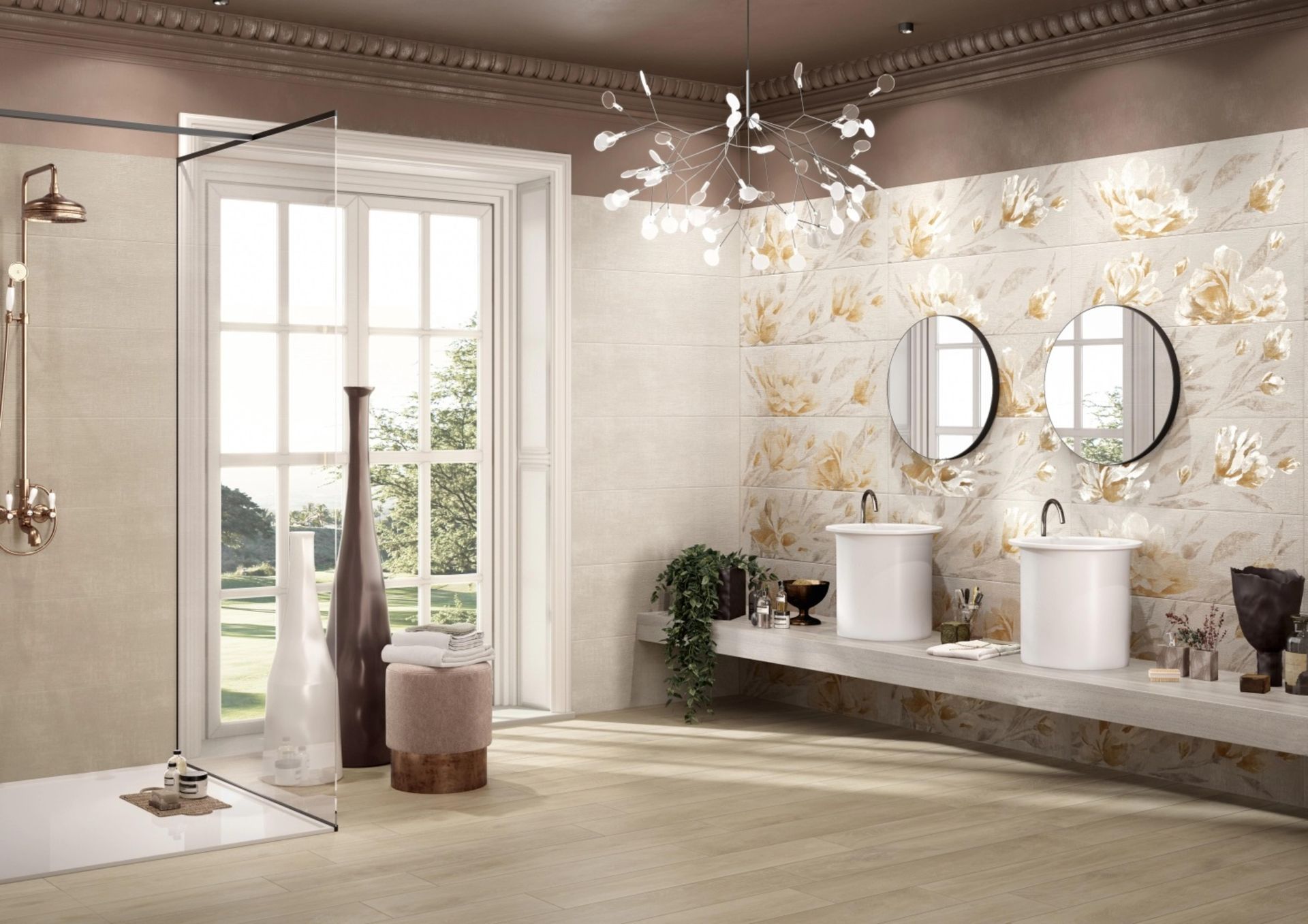 Un bagno con due lavandini, due specchi e cabina doccia.