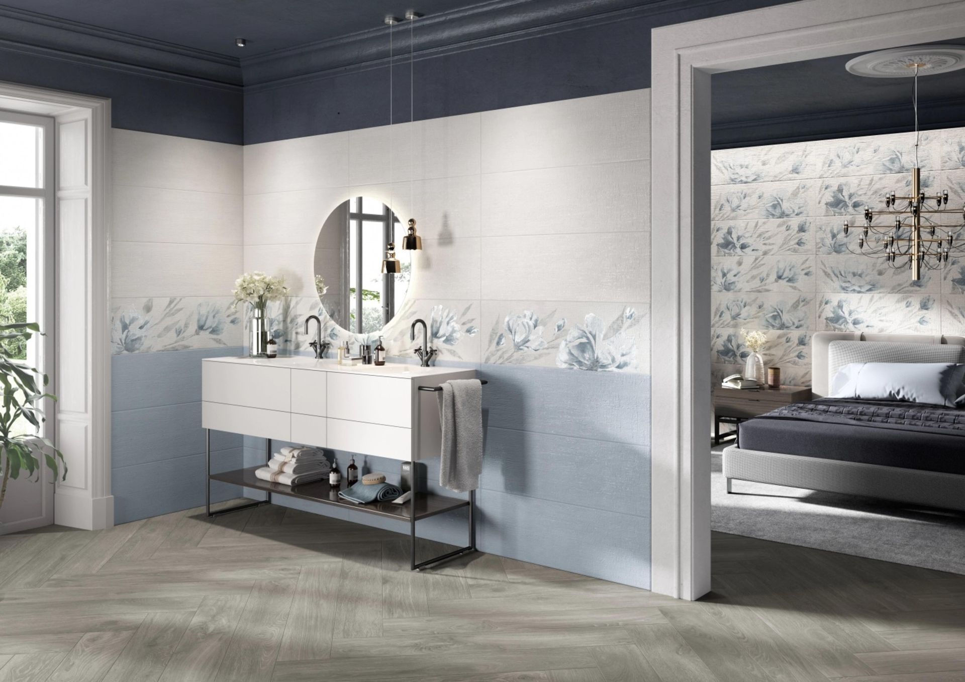 Un bagno con due lavandini, uno specchio e un letto.