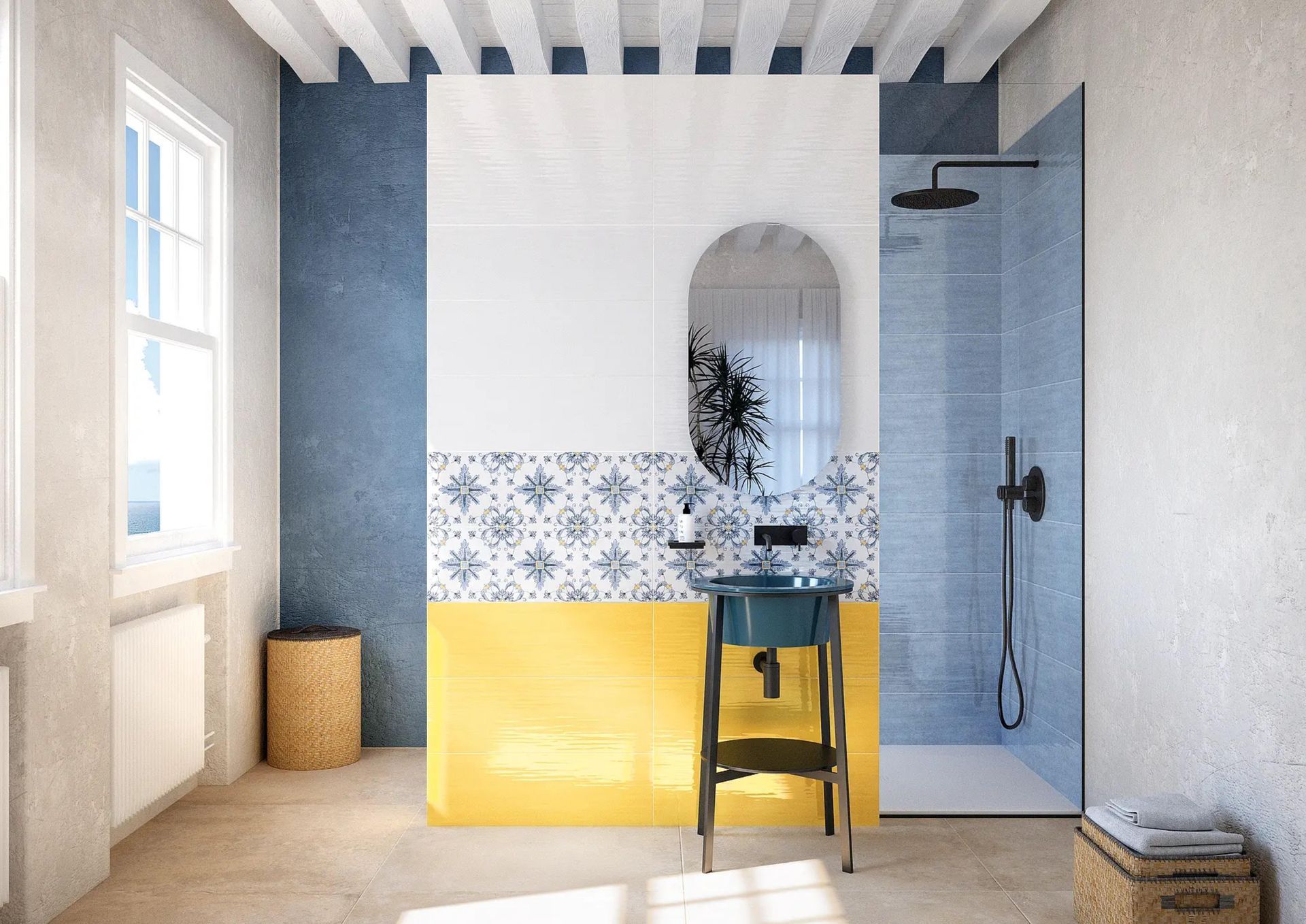 Un bagno con piastrelle blu e gialle e un lavandino.