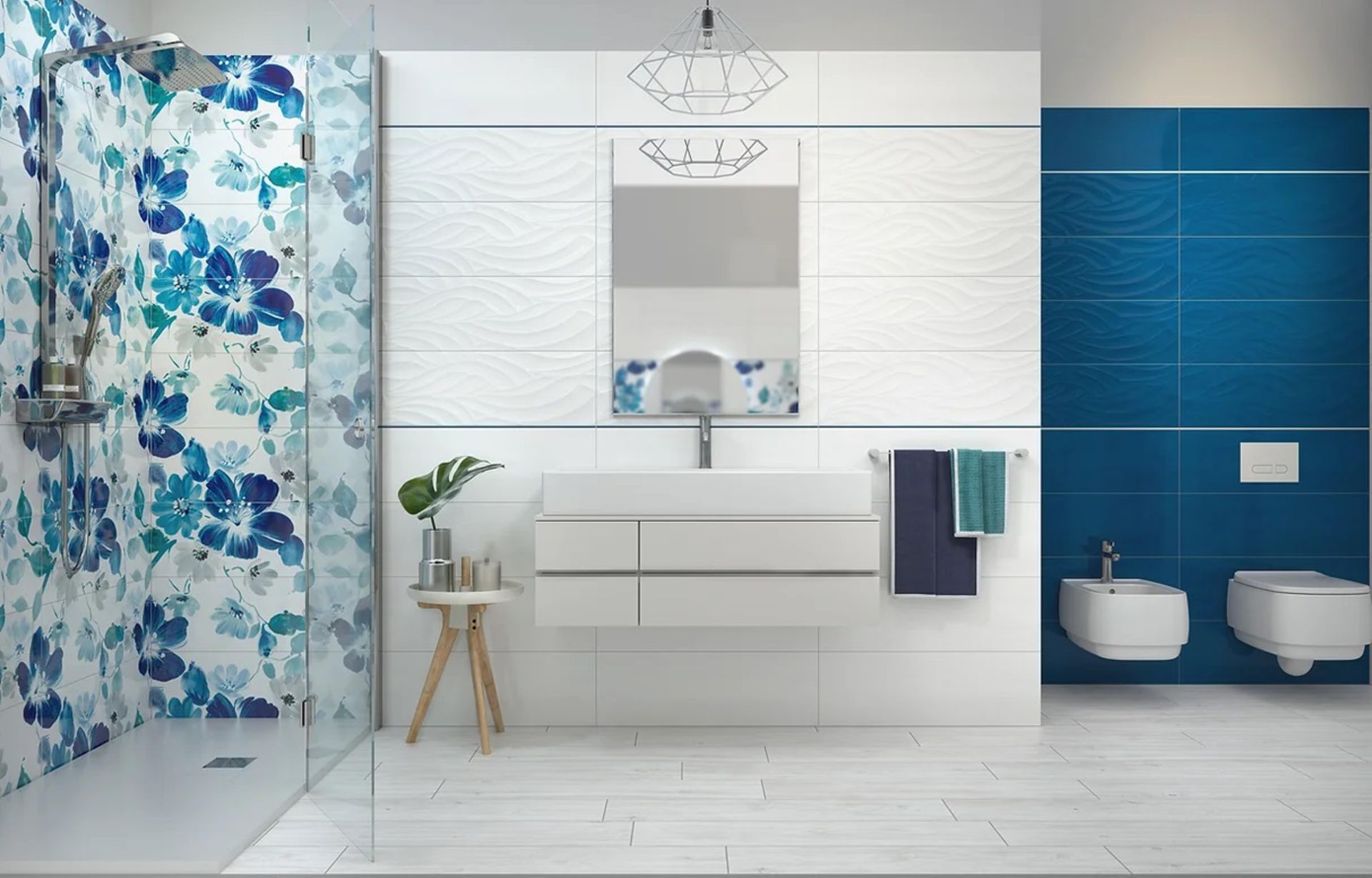 Un bagno con piastrelle blu e bianche e cabina doccia