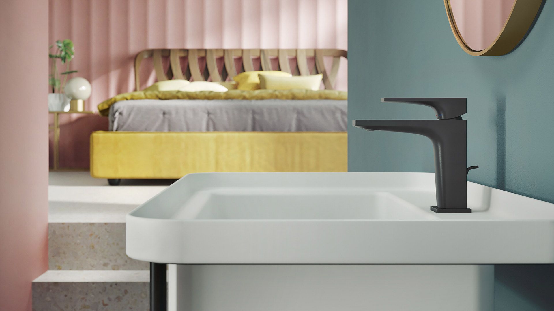 Un bagno con lavabo e specchio e sullo sfondo un letto.