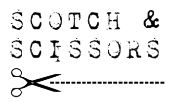Black-and-white “Scotch & Scissors” text with a scissors icon cutting along a dashed line.