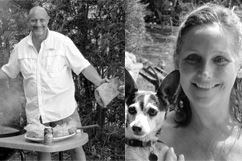 Man grilling outside, smiling. Woman with dog smiles. Black and white.
