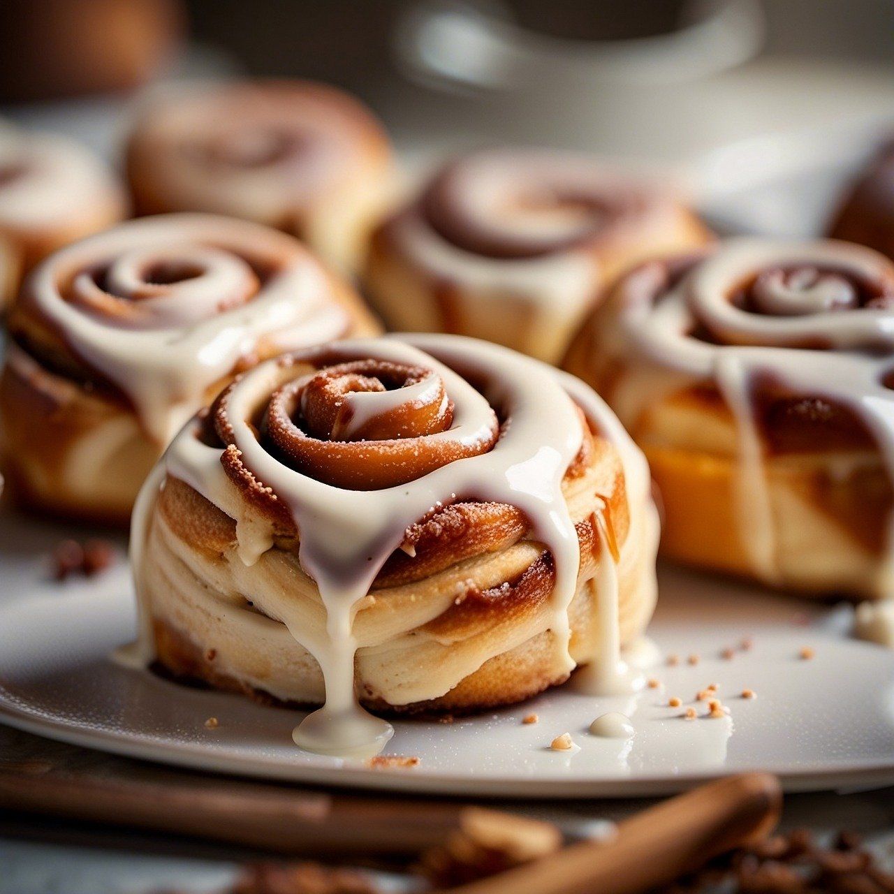 A bunch of cinnamon rolls on a white plate