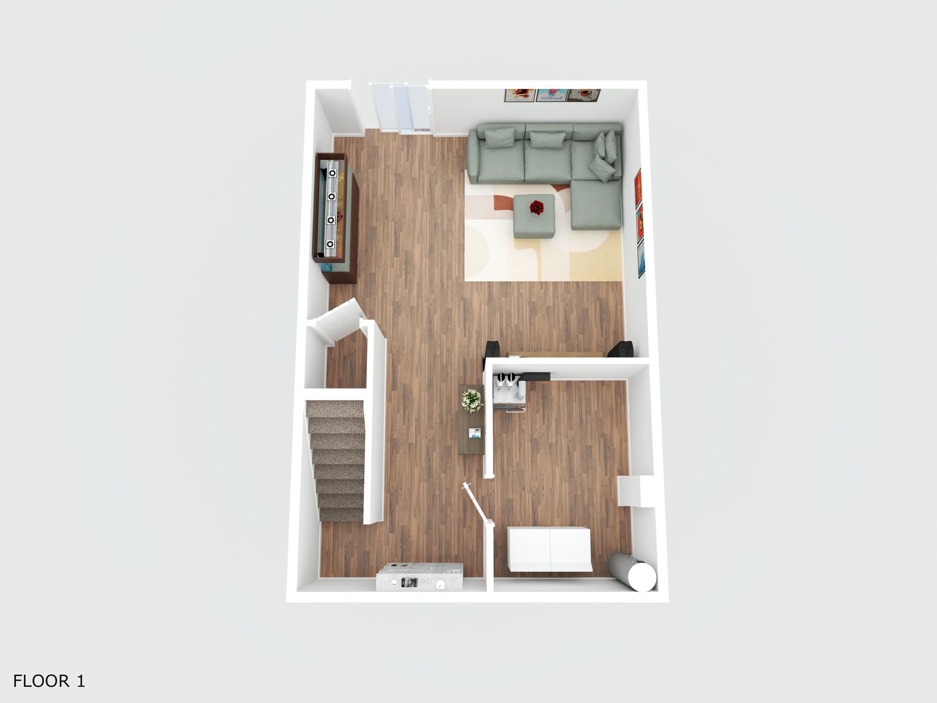 A 3d floor plan of a house with a living room and stairs. - 268 Sruthi Drive