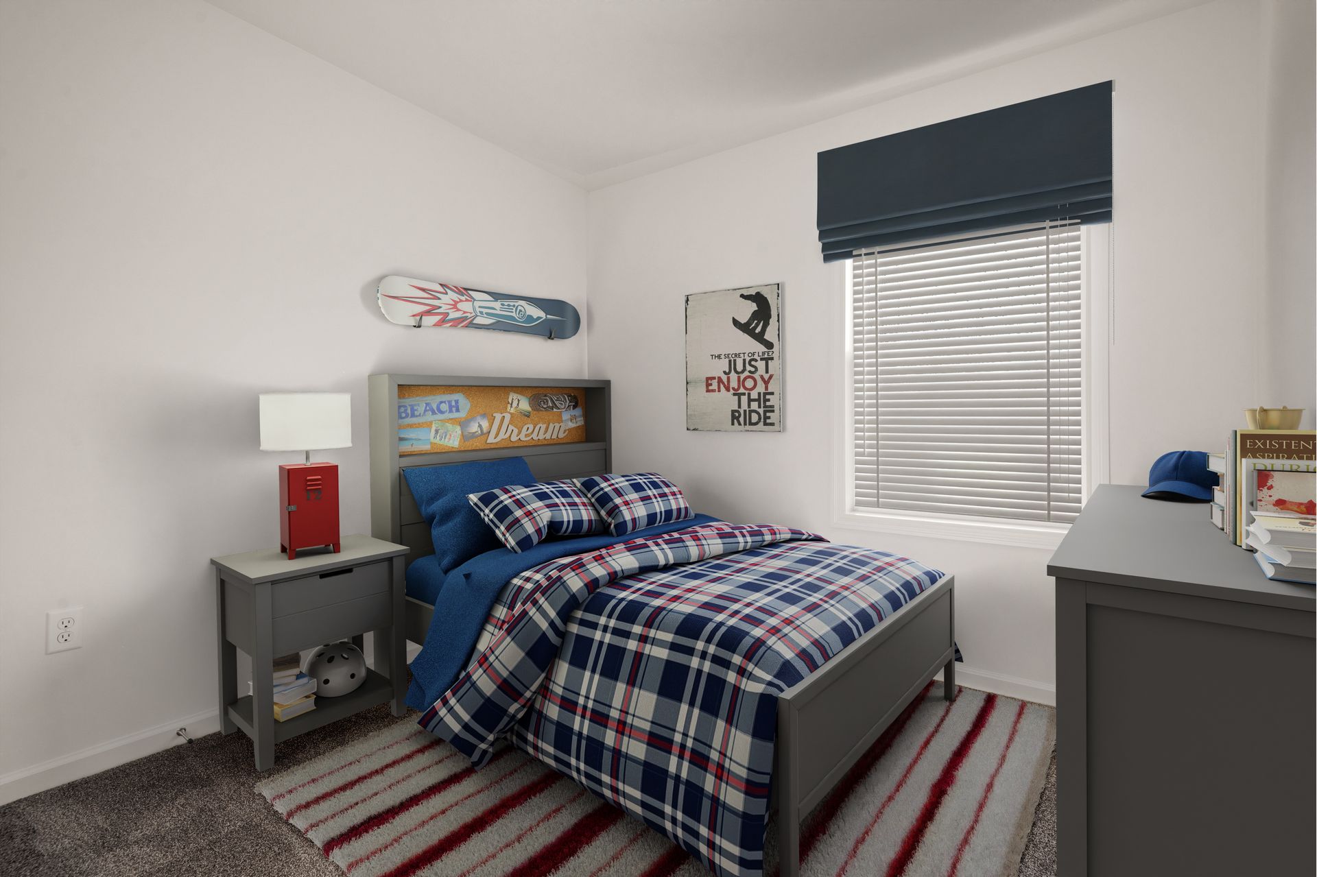 A bedroom with a bed , nightstand , dresser and window.