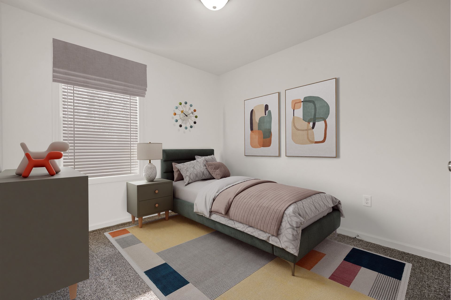 A bedroom with a single bed , dresser , nightstand and window.