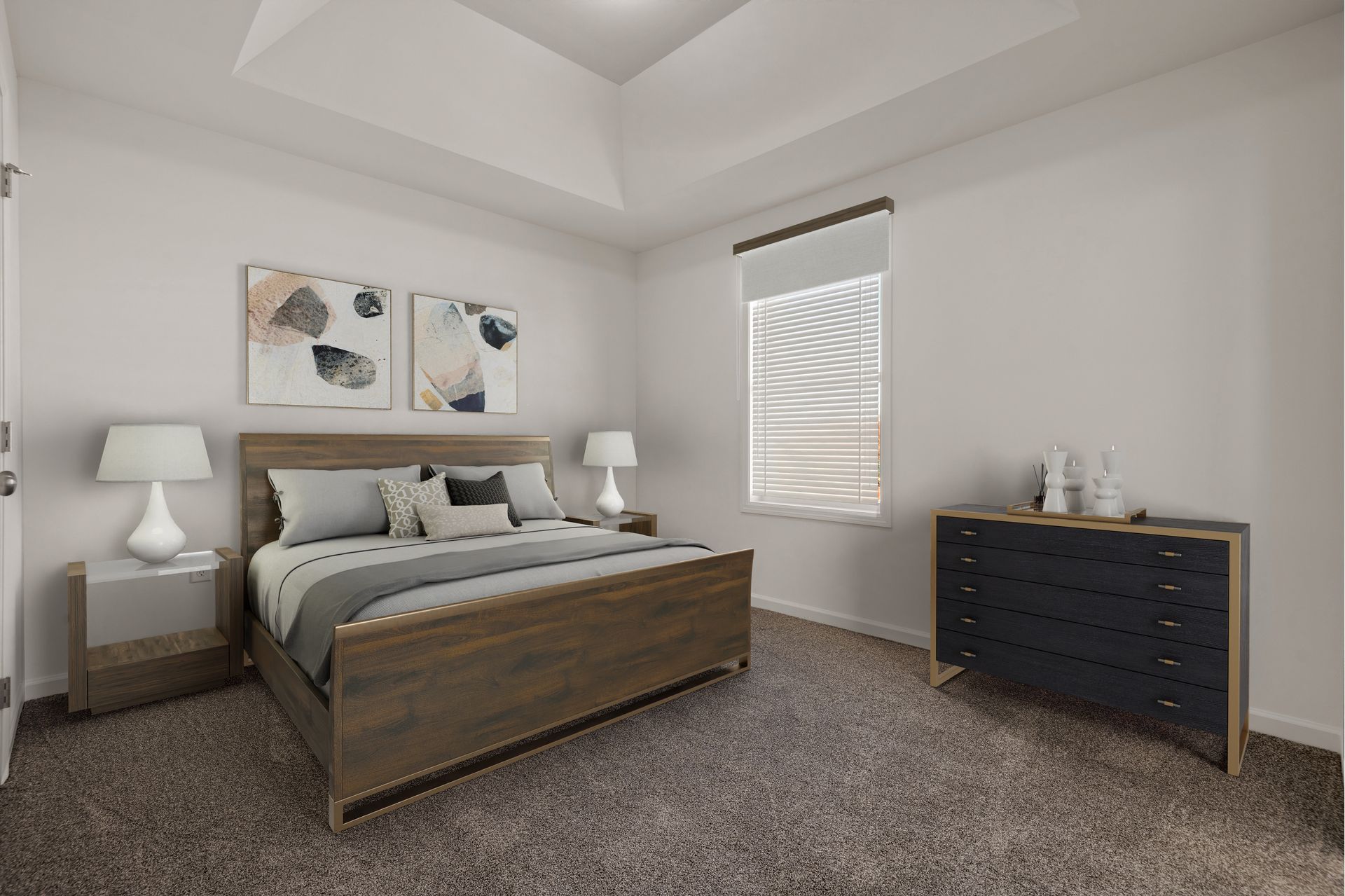 A bedroom with a bed , dresser , nightstand , and window.