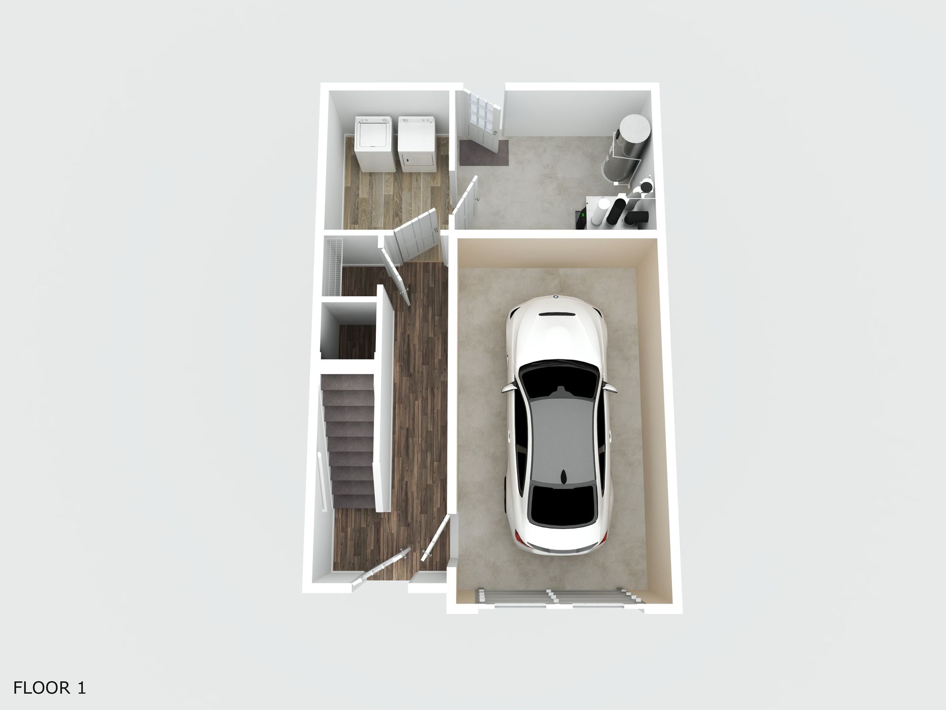 A 3d floor plan of a house with a car in the garage. - 272 Sruthi Drive