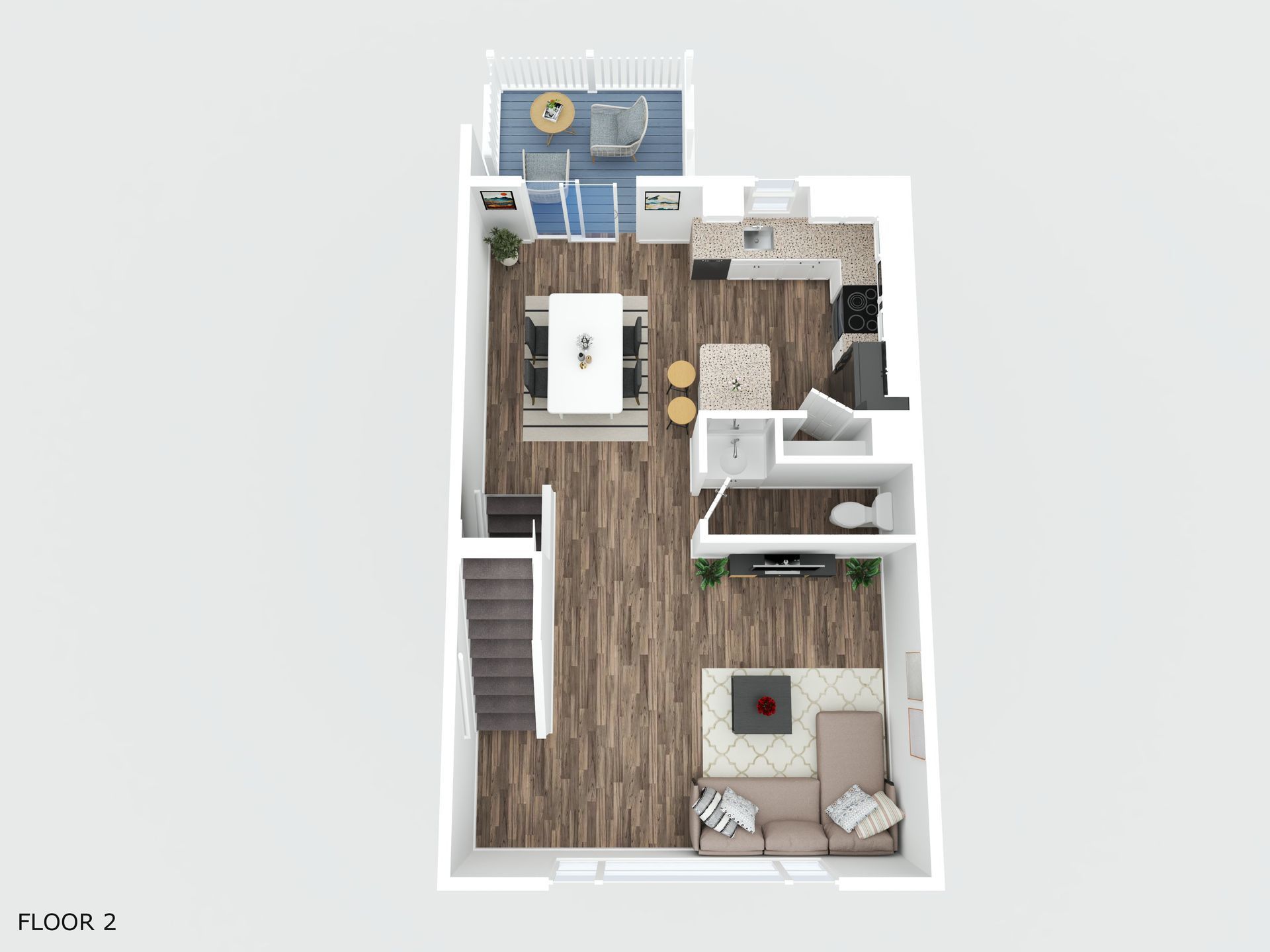 A 3d floor plan of a house with a living room , dining room , and kitchen. - 272 Sruthi Drive