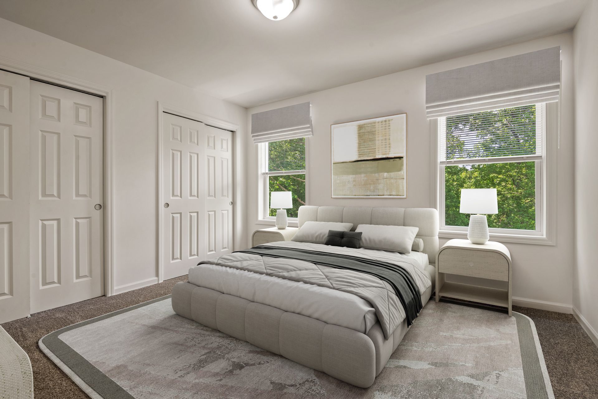 A bedroom with a large bed , a rug , a closet and two windows.