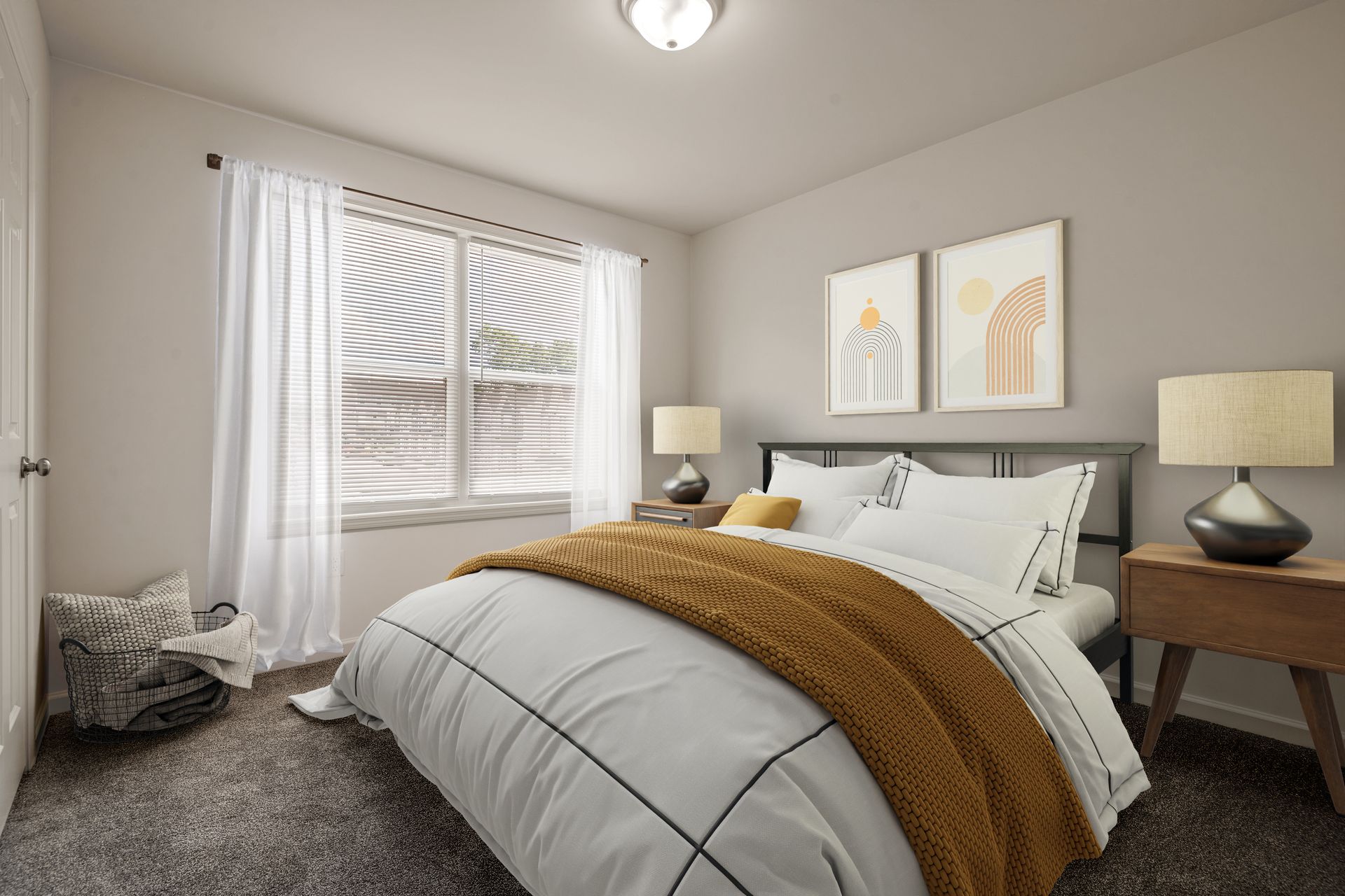 A bedroom with a bed , nightstand , lamps and a window.