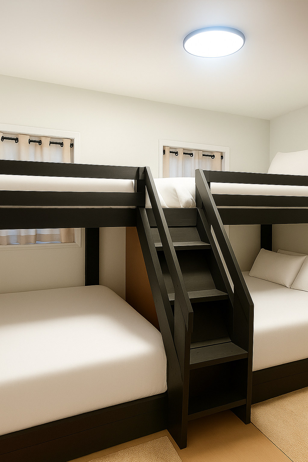 Bunk beds in a room with white sheets, dark frames, and a built-in staircase.