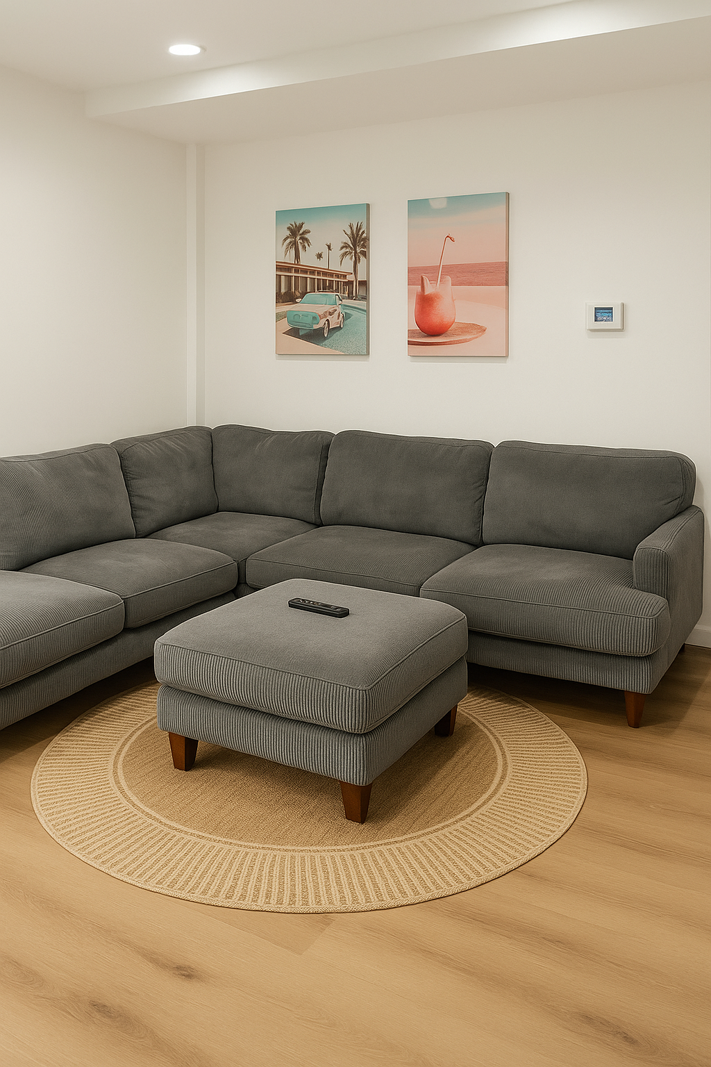 Gray sectional sofa with ottoman on a round rug, two beach art prints on the white wall.