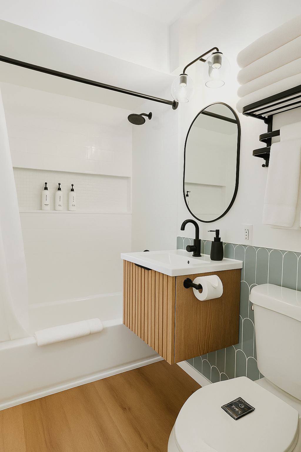 Modern bathroom with wooden vanity, oval mirror, shower, toilet, and towel rack.
