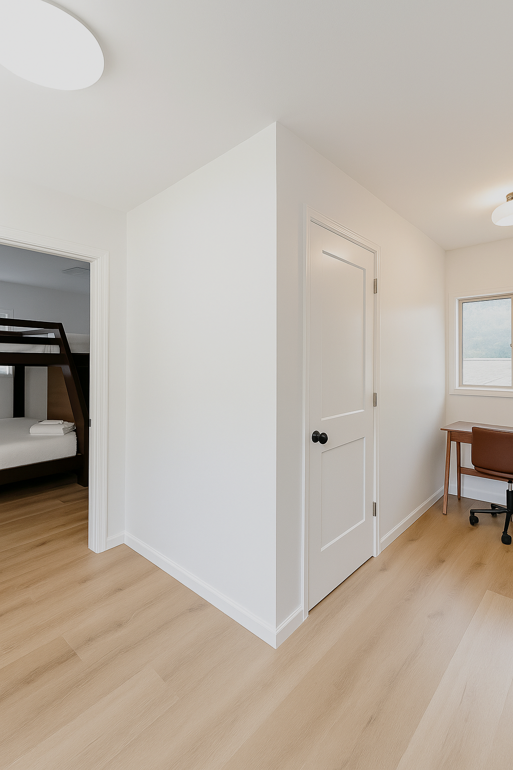 Hallway with light wood floors, white walls, and a closed door. Bunk beds visible in the doorway.