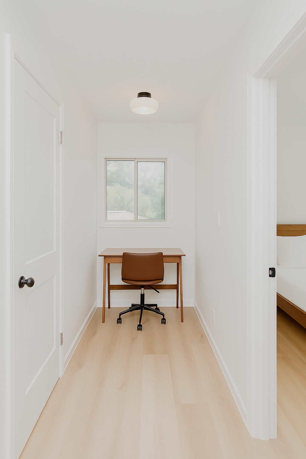 Narrow hallway with desk and chair near a window, two doorways, light wood floors, and white walls.