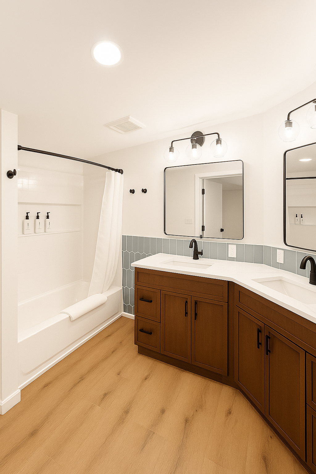 Bathroom with brown vanity, white countertop, blue tile, and shower.