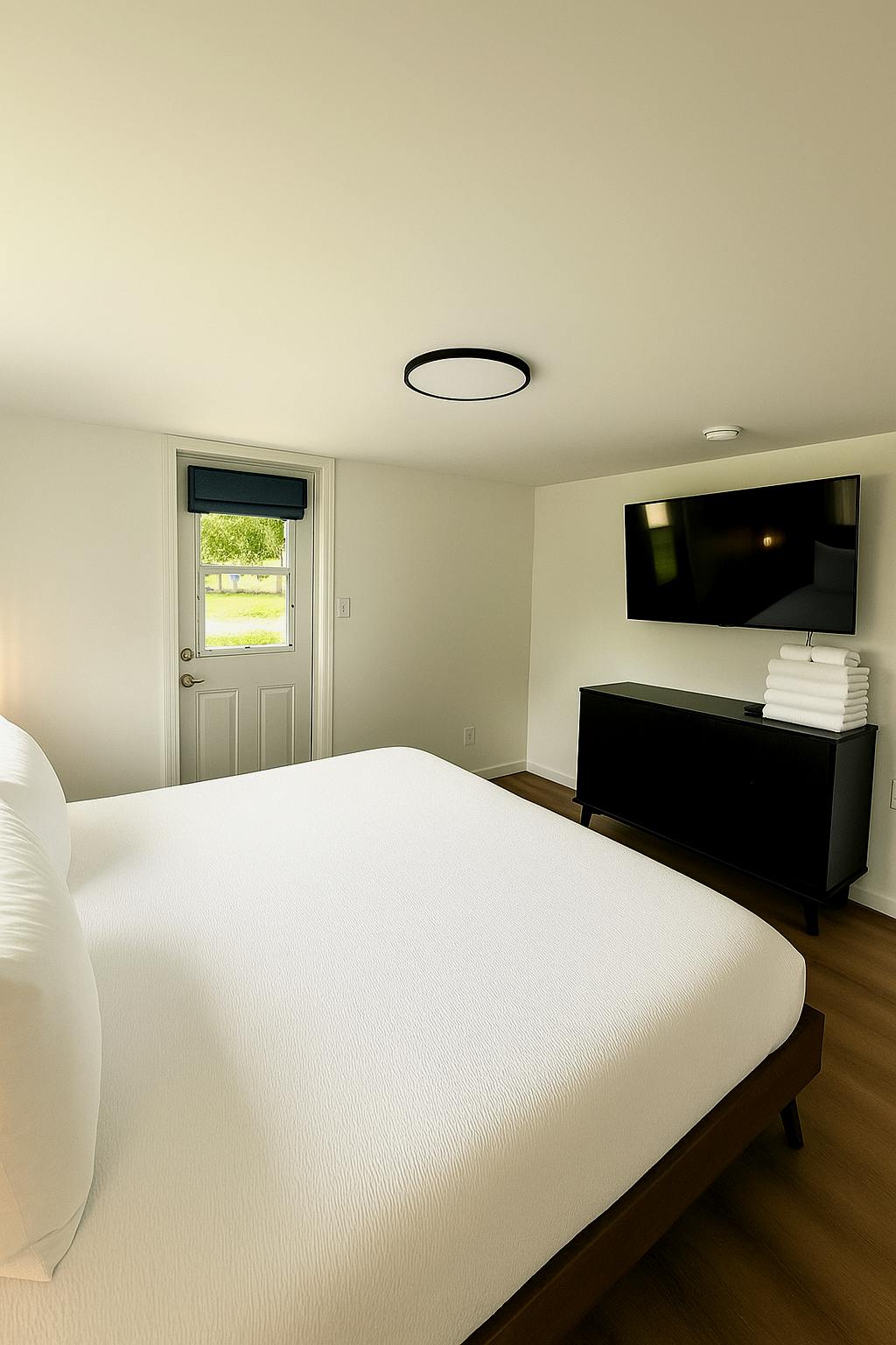 Bedroom with a white bed, black dresser, and a mounted TV. A door and window are in the background.