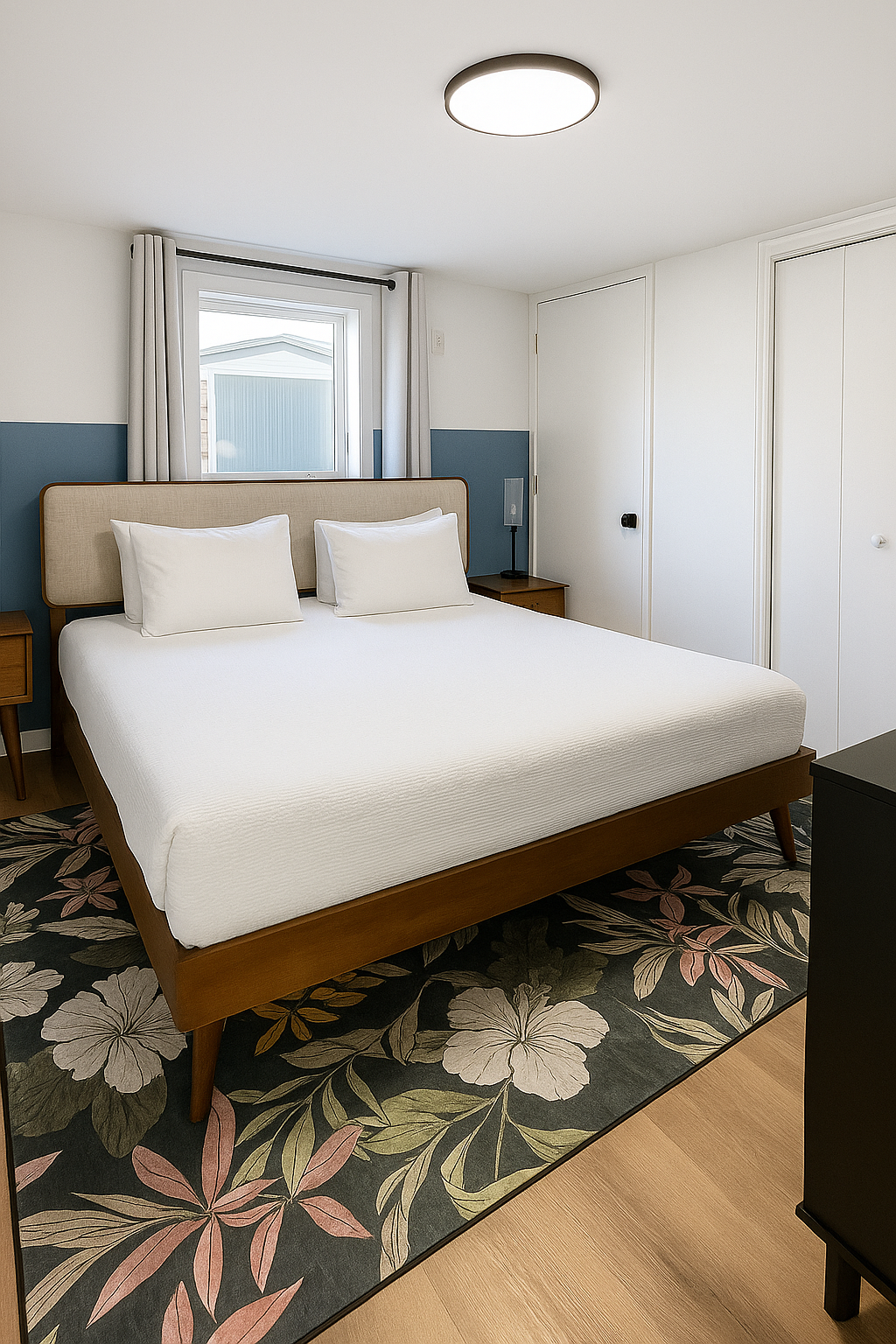 Bedroom with a bed, nightstands, rug, window, and closet. Walls are white and blue.