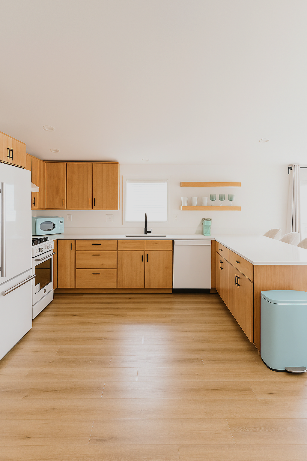 Light wood kitchen with white appliances and countertops.  Pale blue accents and light wood flooring.