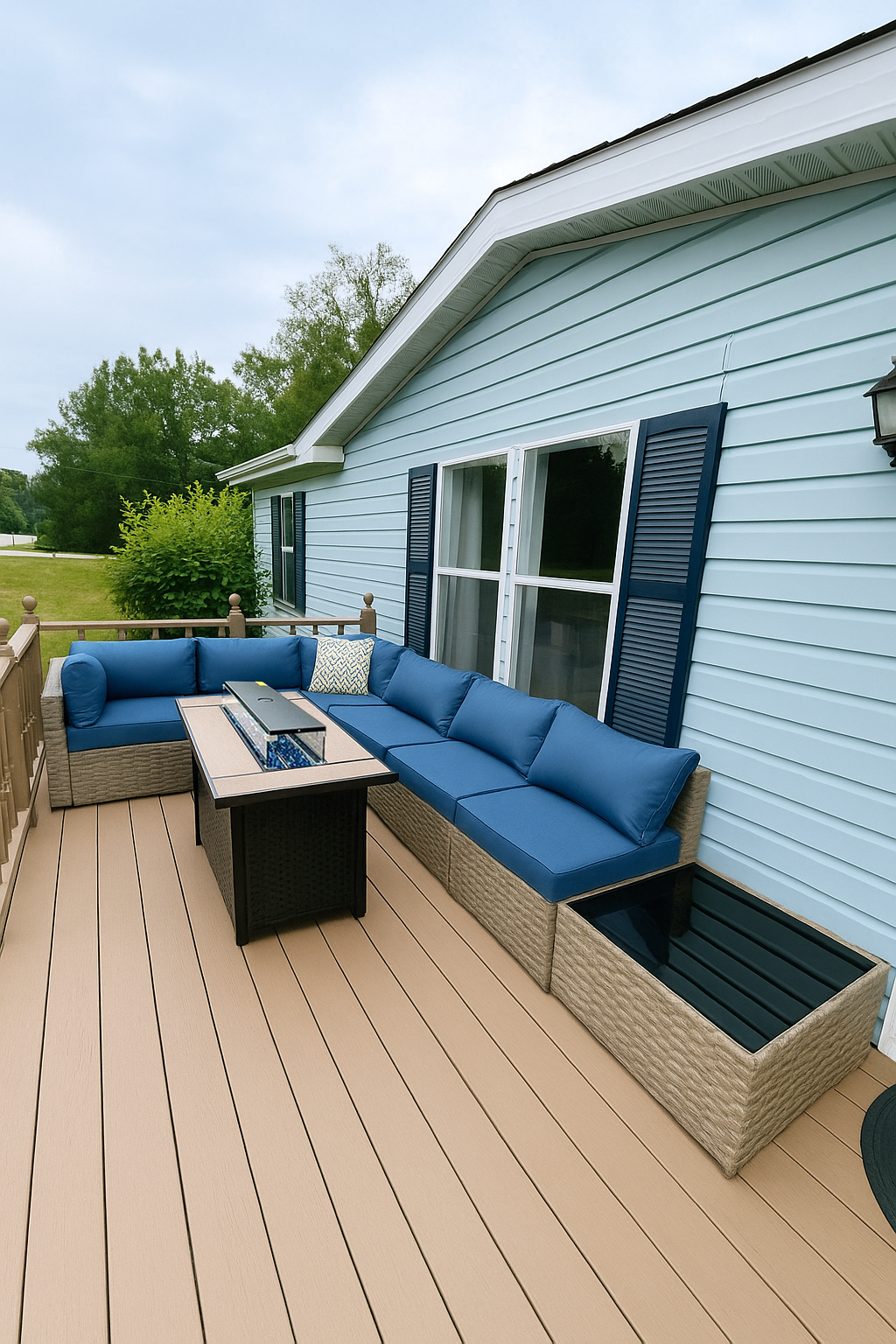 Patio with sectional sofa, fire pit table, and house with blue siding.
