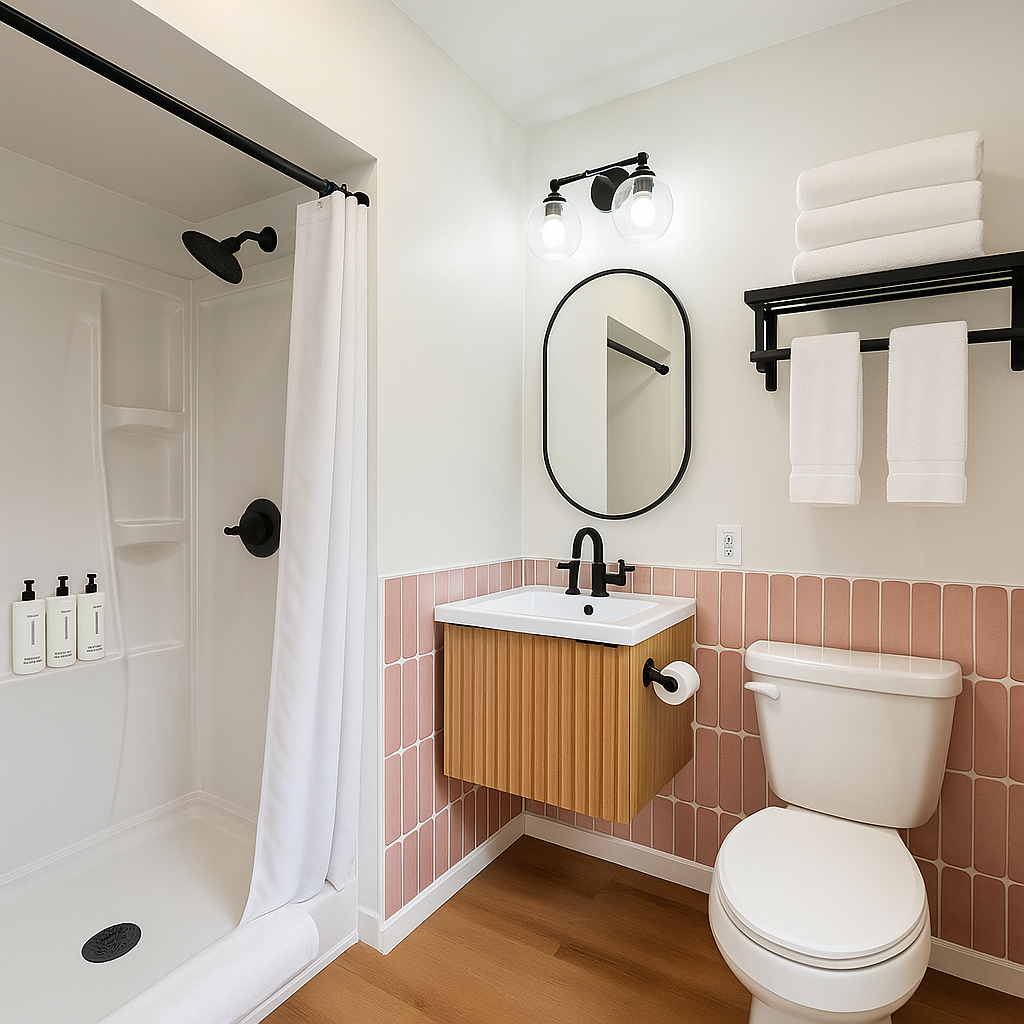 Bathroom with white shower, pink tiled wall, wooden vanity, oval mirror, and toilet.