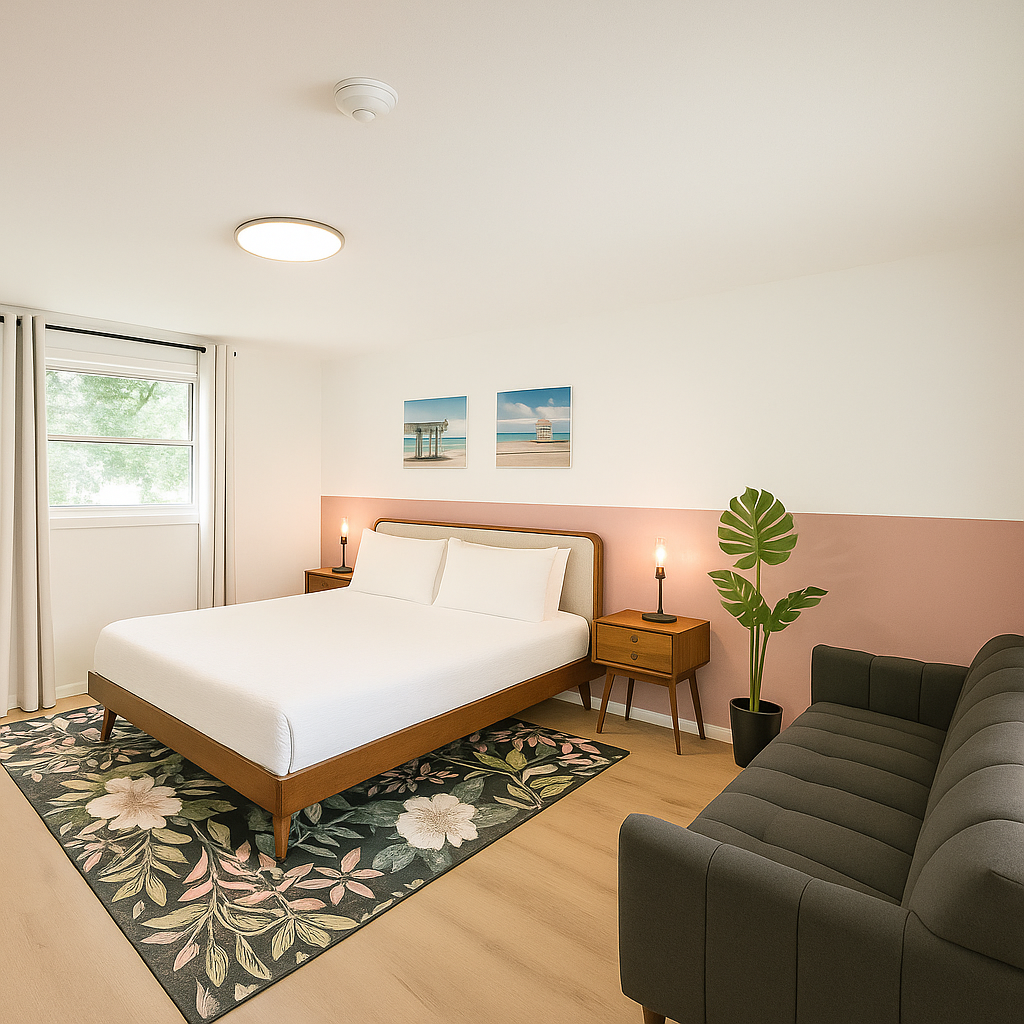 Bedroom with queen bed, sofa, floral rug, wooden furniture, artwork, and potted plant.