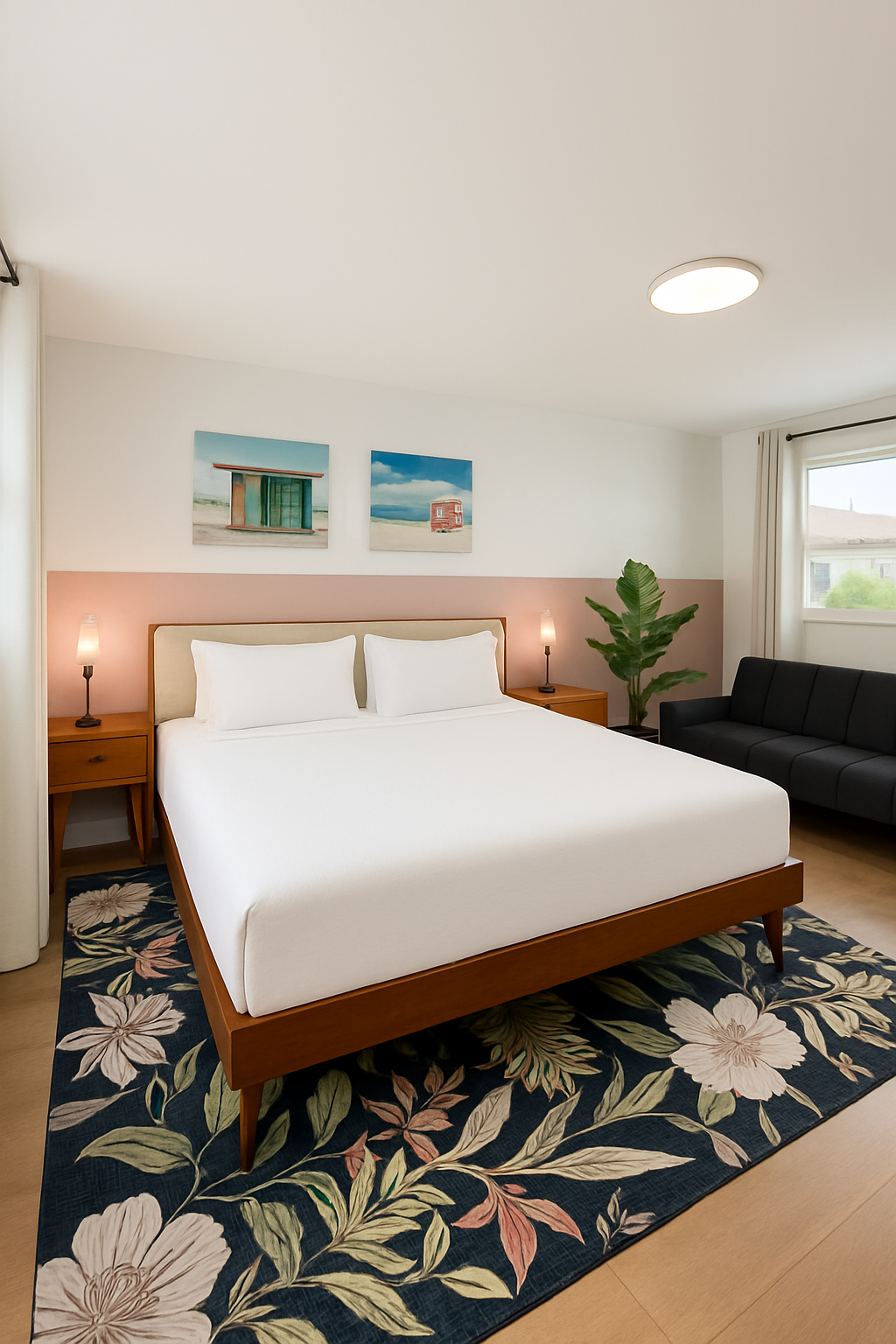 Bedroom with bed, dark floral rug, sofa, artwork, and side tables.