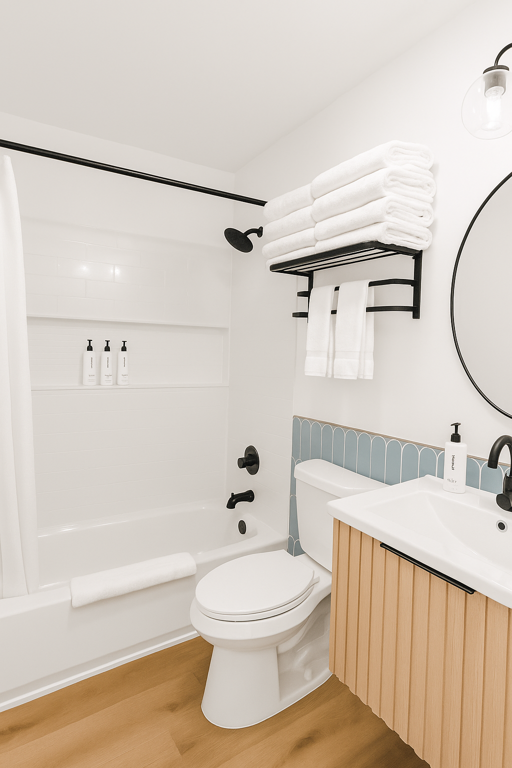 Bathroom with white tub, toilet, and sink. Black fixtures and towel rack. Light wood floor and vanity.