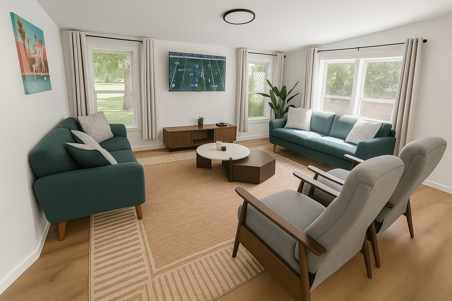 A living room with green sofas, wooden chairs, and a large rug, with three windows.