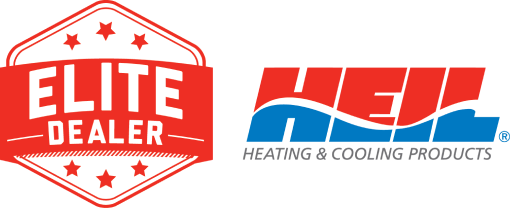 A red and white Elite Dealer badge alongside the blue and red Heil Heating & Cooling Products logo.