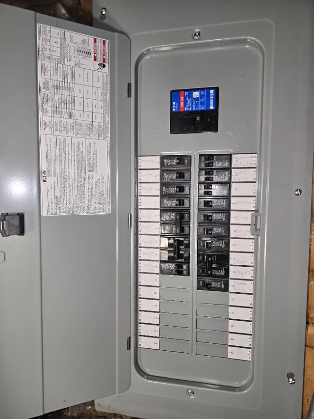 Open electrical breaker panel with labeled switches and a small digital display.