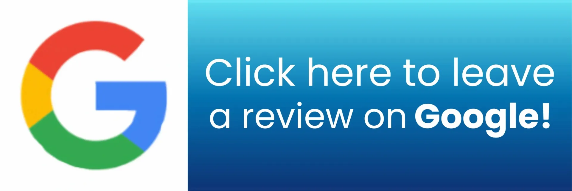 Leave us a review on google! A google logo on a blue background with the words `` click here to leave a review on google ''.