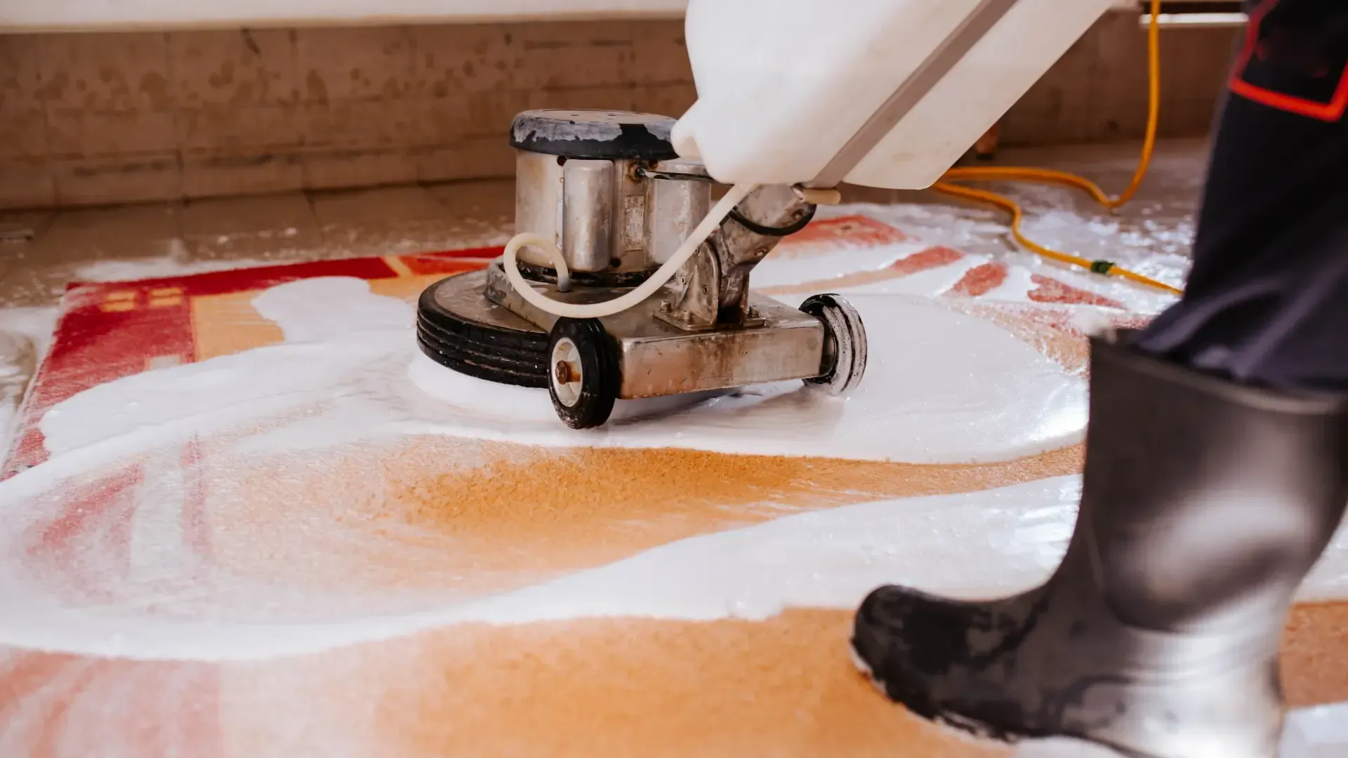 a person is cleaning a carpet with a machine.