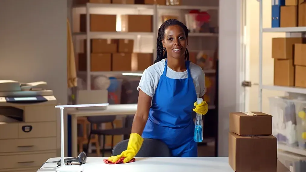 A woman in a blue apron is cleaning a desk in an office.