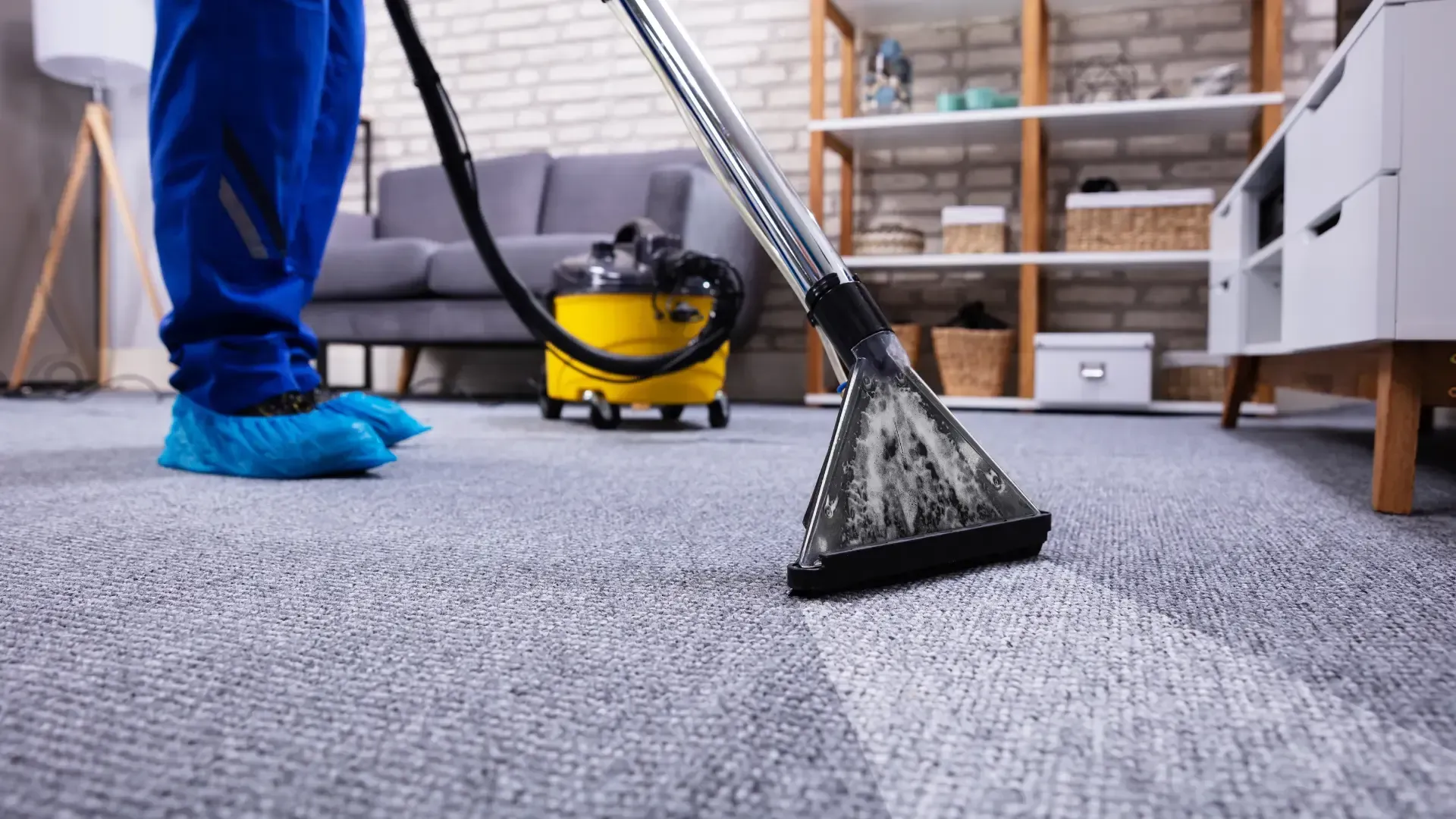 a person is cleaning a carpet with a vacuum cleaner in a living room.