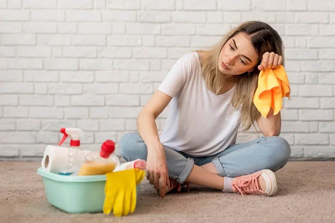 A woman is sitting on the floor with cleaning supplies.